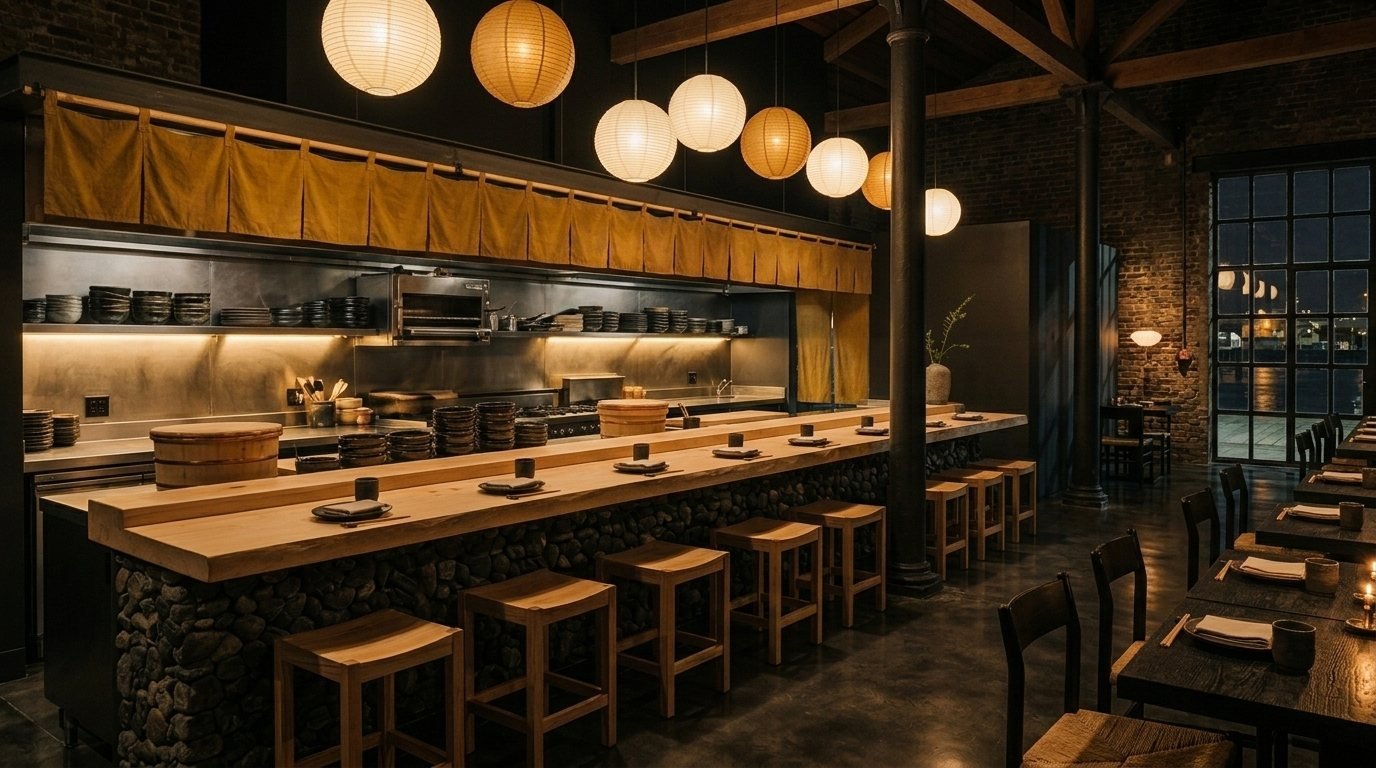 Barra de sushi de KANJI frente al dique, con sillas altas y lámparas colgantes